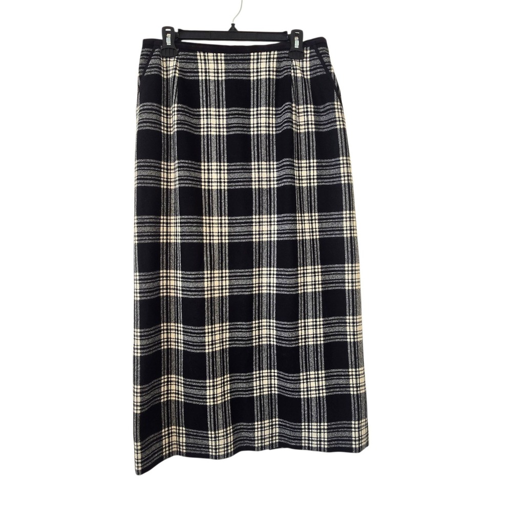 Vintage Pendleton Wool Skirt Womens 12 Black Ivory Plaid Midi Maxi Made USA